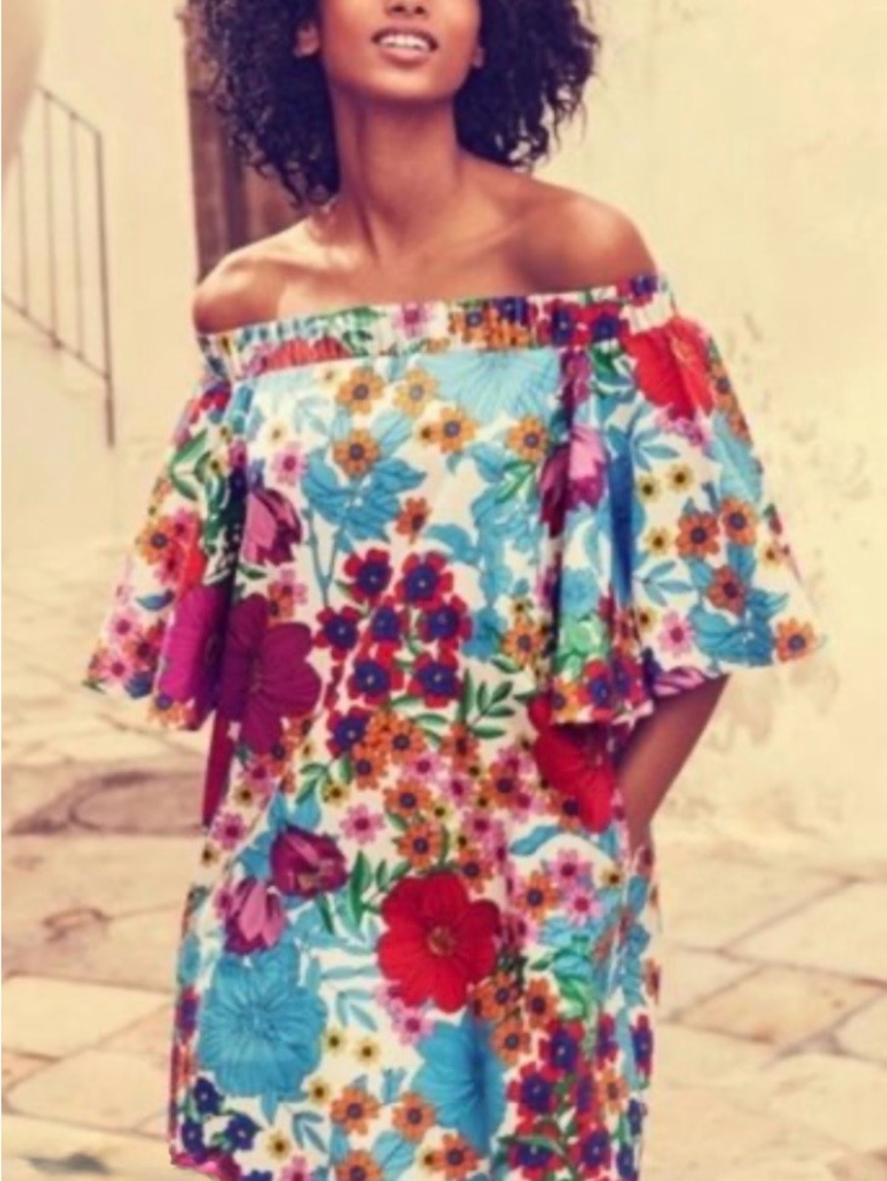 H&M Off-Shoulder Floral Mini Dress in Blue, Red, Pink